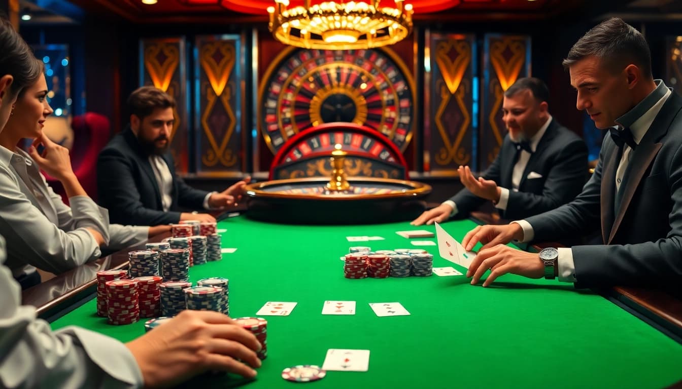 Experience the thrill of rr88 gaming with an elegant poker table, vibrant chips, and a roulette wheel.