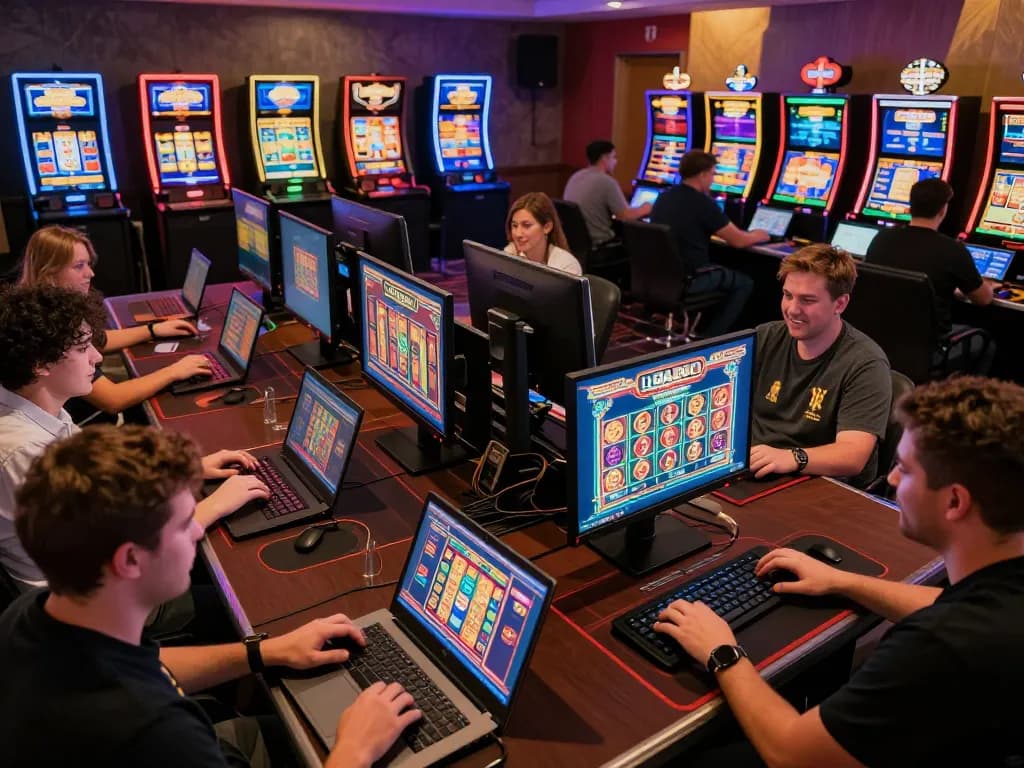 LIGA2000 players enjoying dynamic online slot games in a vibrant casino setting