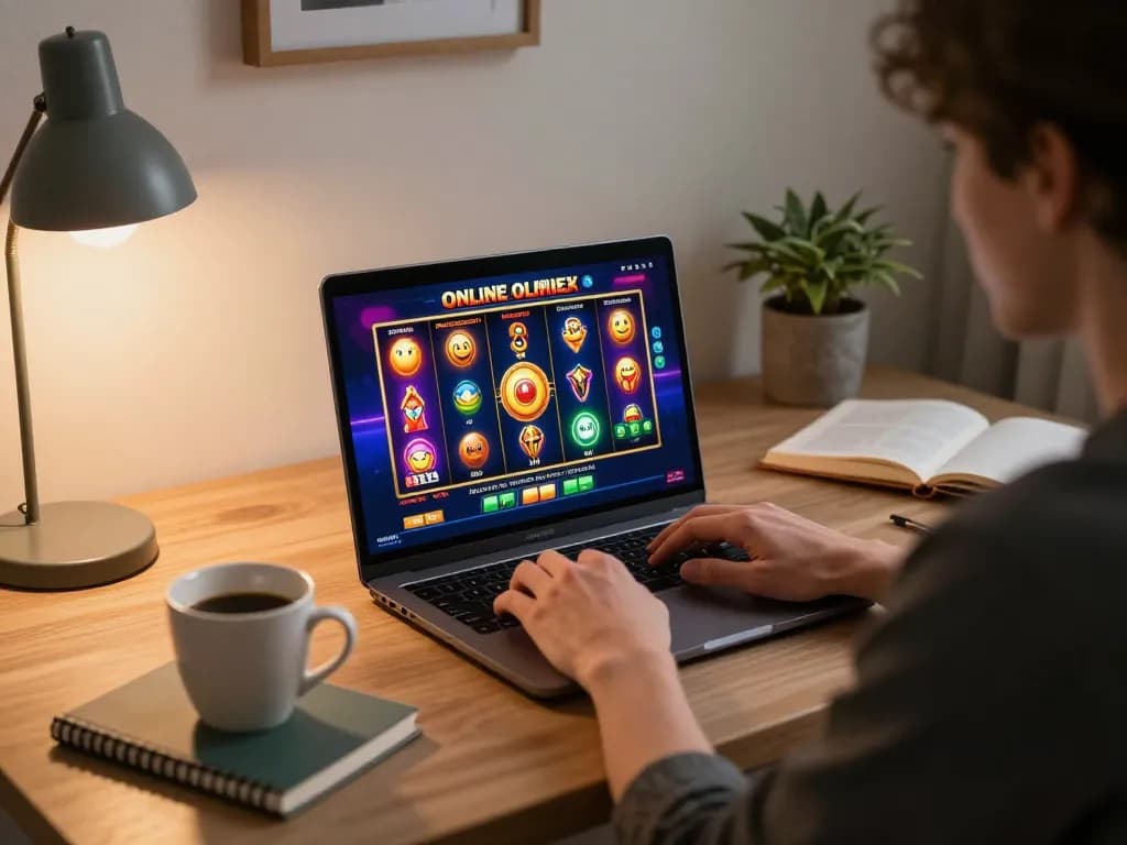 Seorang pemain berinteraksi dengan slot online aman788, merayakan kemenangan di setup permainan rumah yang stylish.