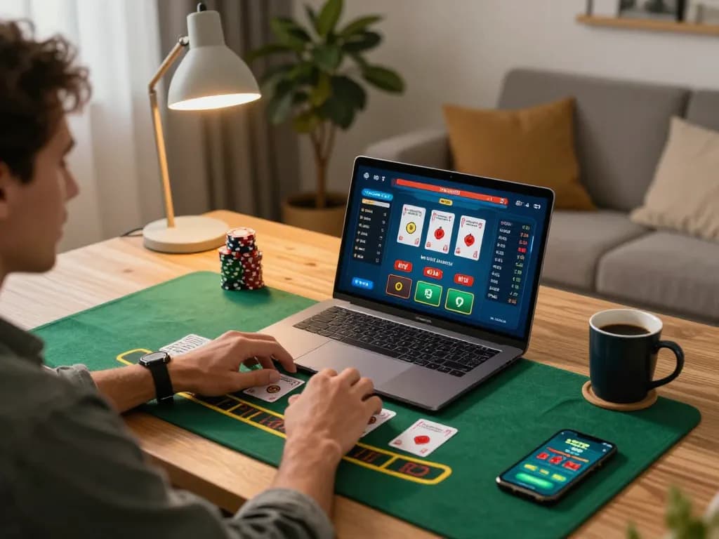 Engaging gameplay at online USA casinos with a player focused on blackjack on a laptop.