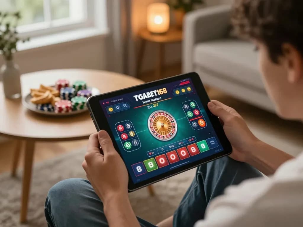 Engaging with the TGABET168 casino app during a cozy home gaming session, showcasing vibrant roulette gameplay.