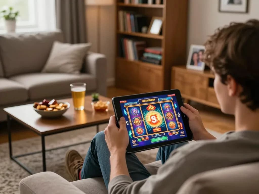 Seseorang yang menikmati permainan slot aman788 di tablet di lingkungan rumah yang nyaman, dengan makanan ringan dan buku permainan di dekatnya.