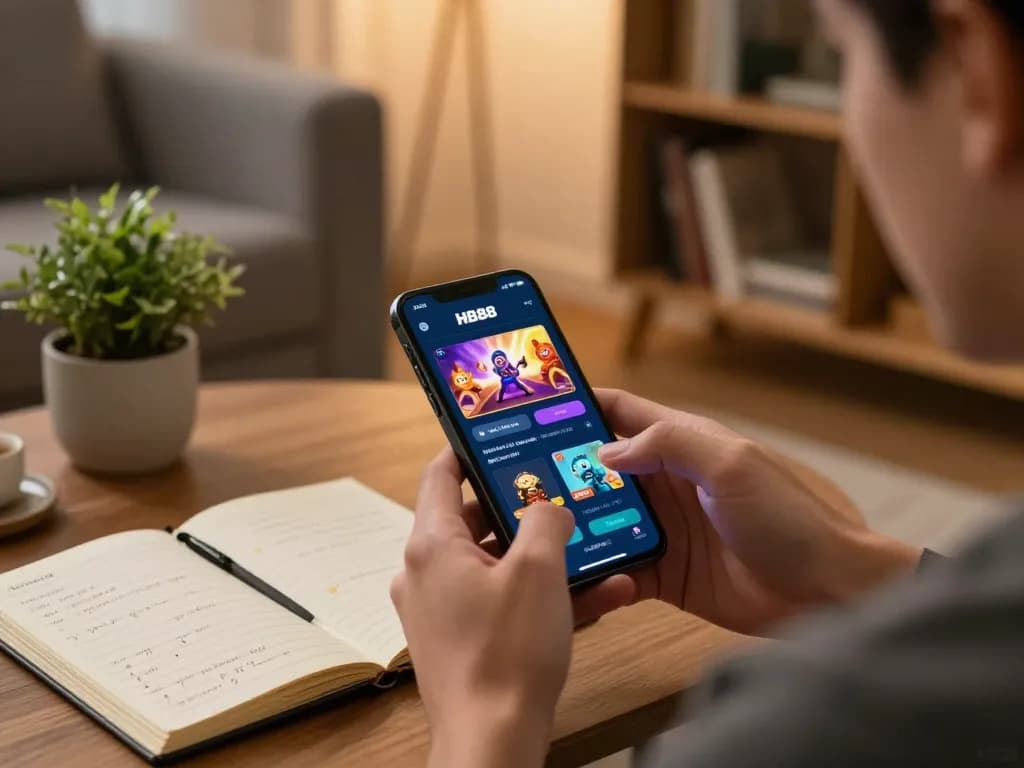 Player enjoying a thrilling moment with HB88 casino app on smartphone in cozy home setting.