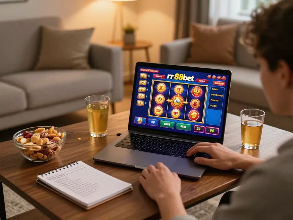 Engaging with rr88bet on a laptop amid snacks and drinks in a cozy home setting.