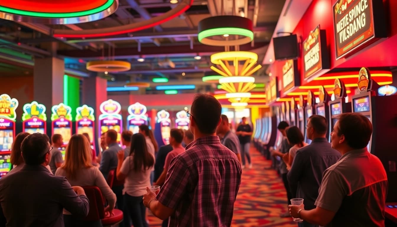 Experience the thrill of an rtp slot machine in an exciting casino environment filled with lively players.