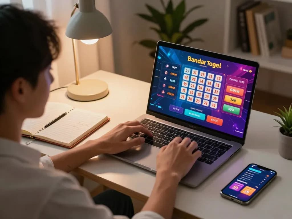 Terlibat dalam permainan bandar togel dengan laptop di rumah, menyoroti taruhan strategis.
