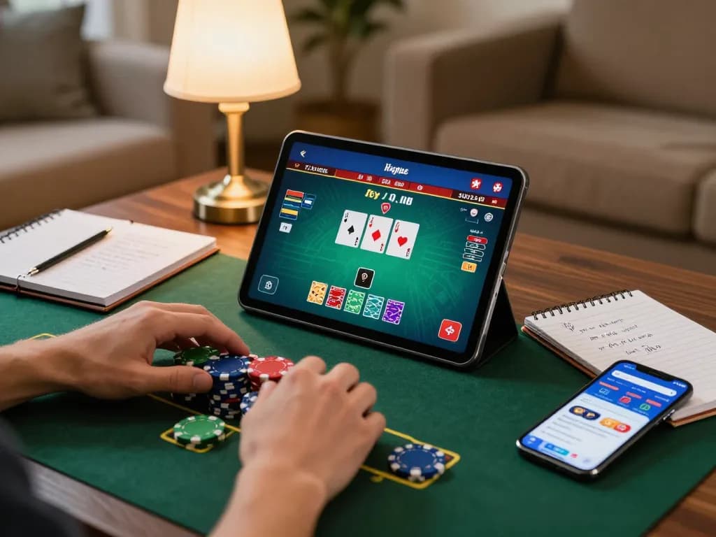 88aa user placing bets during a live poker game on a tablet at home, showcasing strategic gaming.