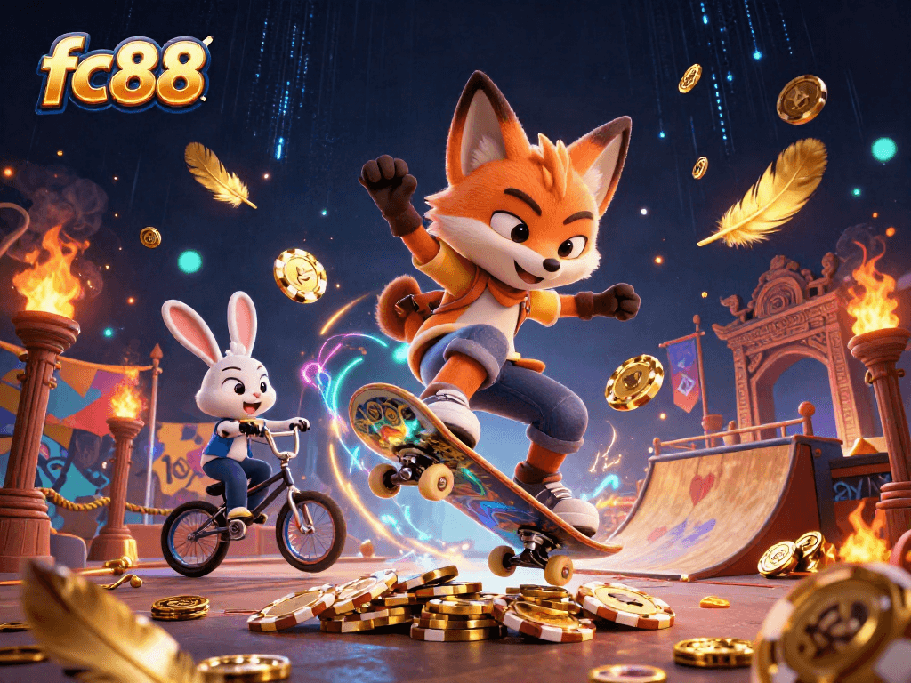 fc88 mang lại sự mạo hiểm qua hình ảnh thú vị của cáo trượt ván và thỏ BMX.