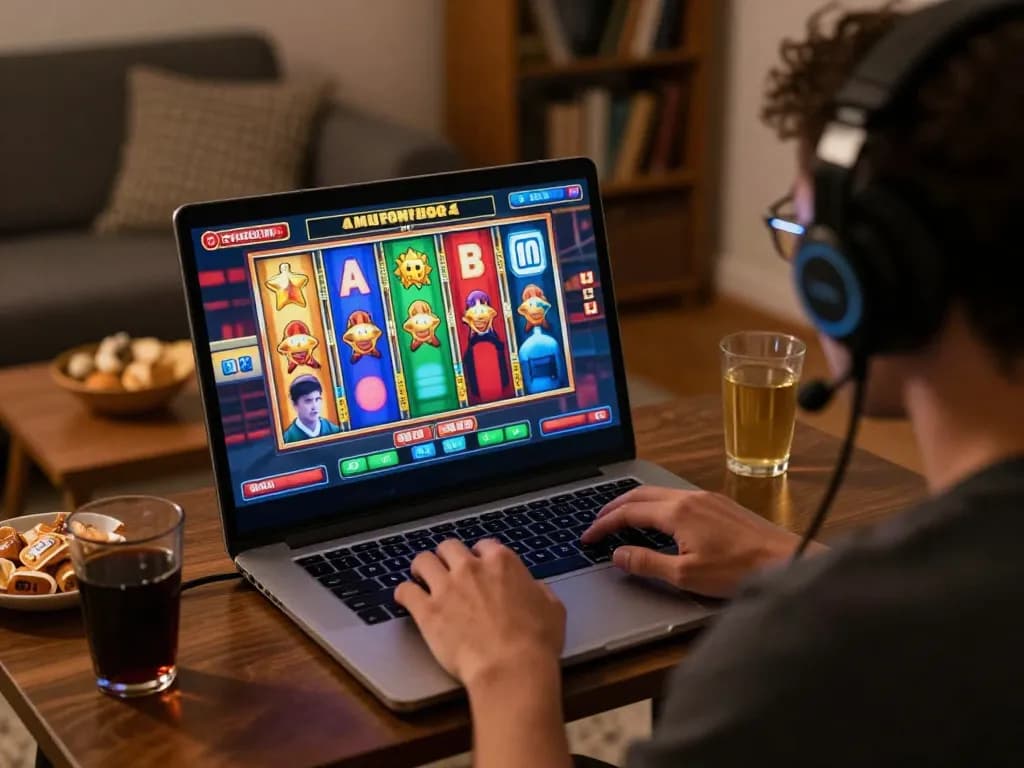 Engaged player experiencing gacor slot gameplay on a laptop, illustrating strategic online gaming
