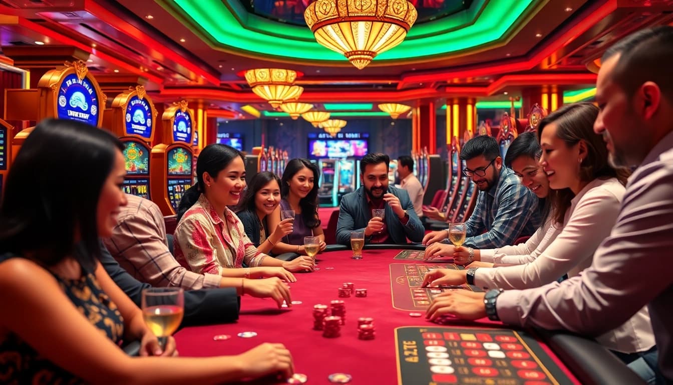 KTPJITU players experiencing the excitement of high-stakes Slot777 gameplay in a luxurious casino setting.