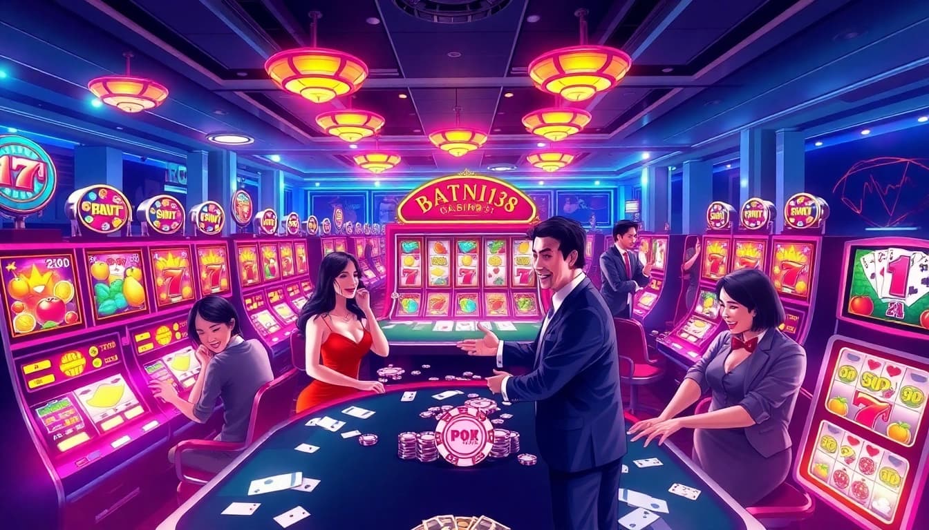 Experience thrilling wins at batman138's vibrant slot machines in an upscale casino.