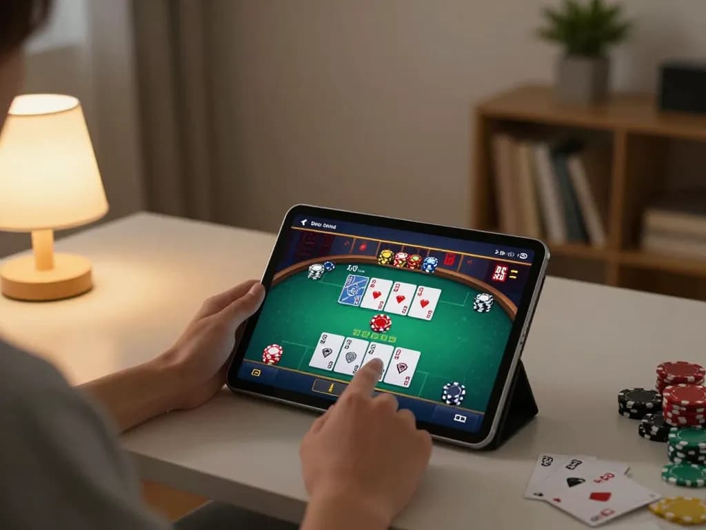 68win player engaged in online poker game on tablet in cozy living room