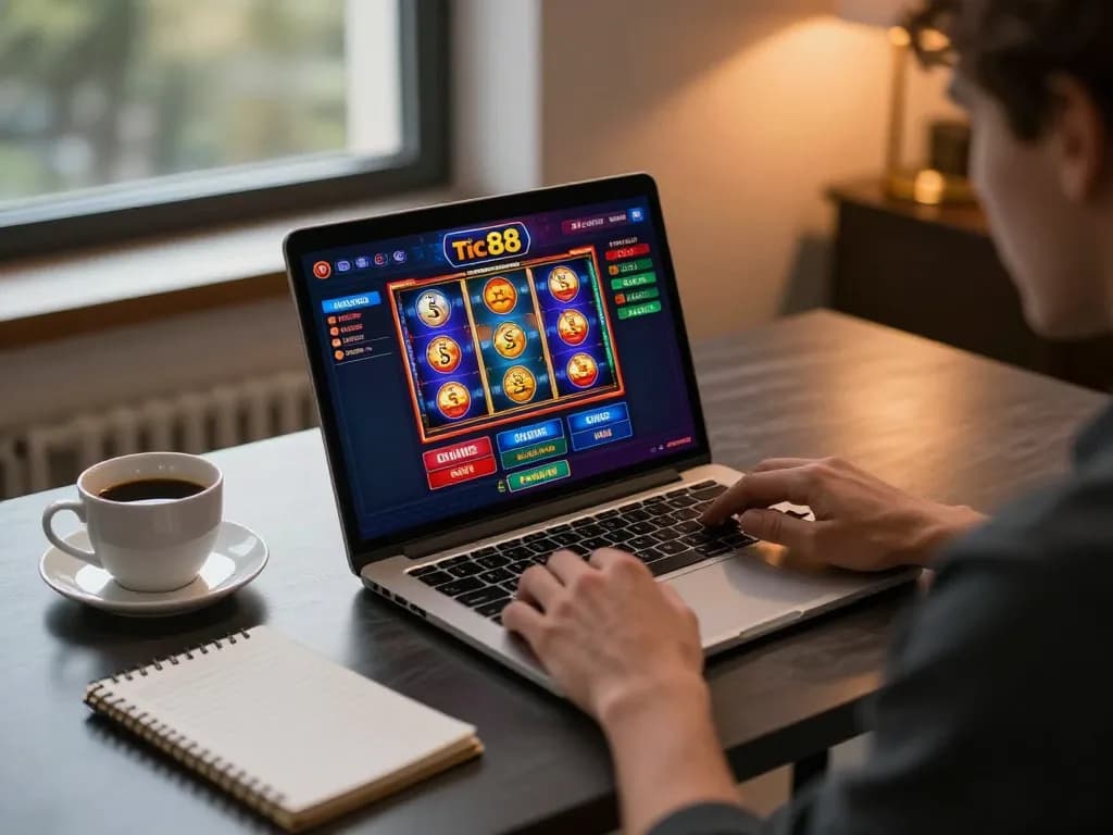 Player engaging in tic88 online casino on laptop, showcasing vibrant gaming interface.