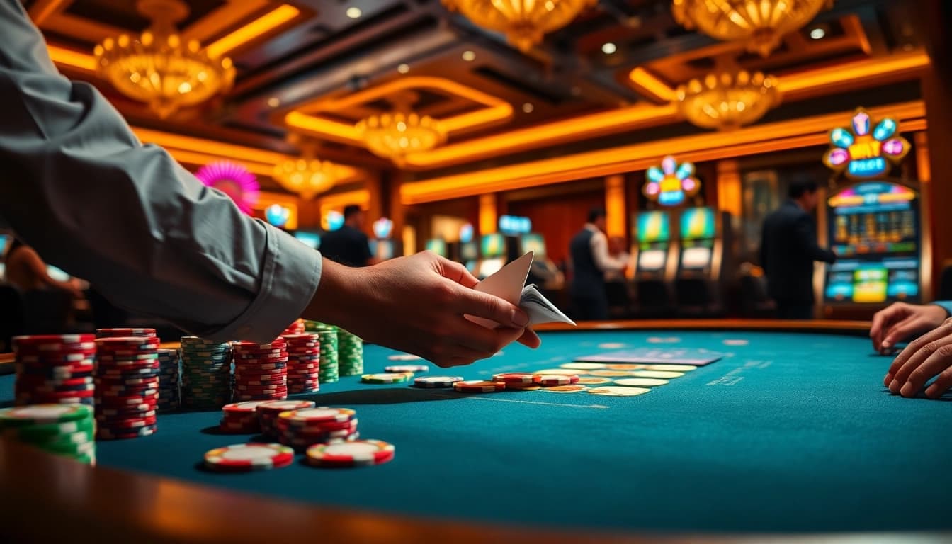 Playing poker at the pg88 table amidst vibrant casino excitement and colorful chips.