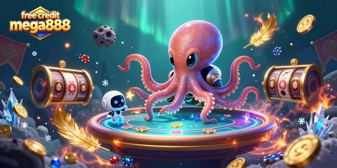 Engage with free credit mega888 utilizing exciting alien-themed gaming at a floating poker table surrounded by thrilling slot reels.