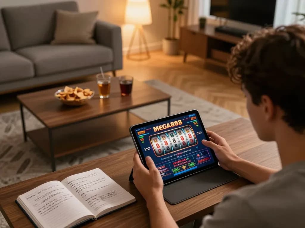 Engaging in online gaming by downloading Mega888 apk on a tablet in a cozy home environment.