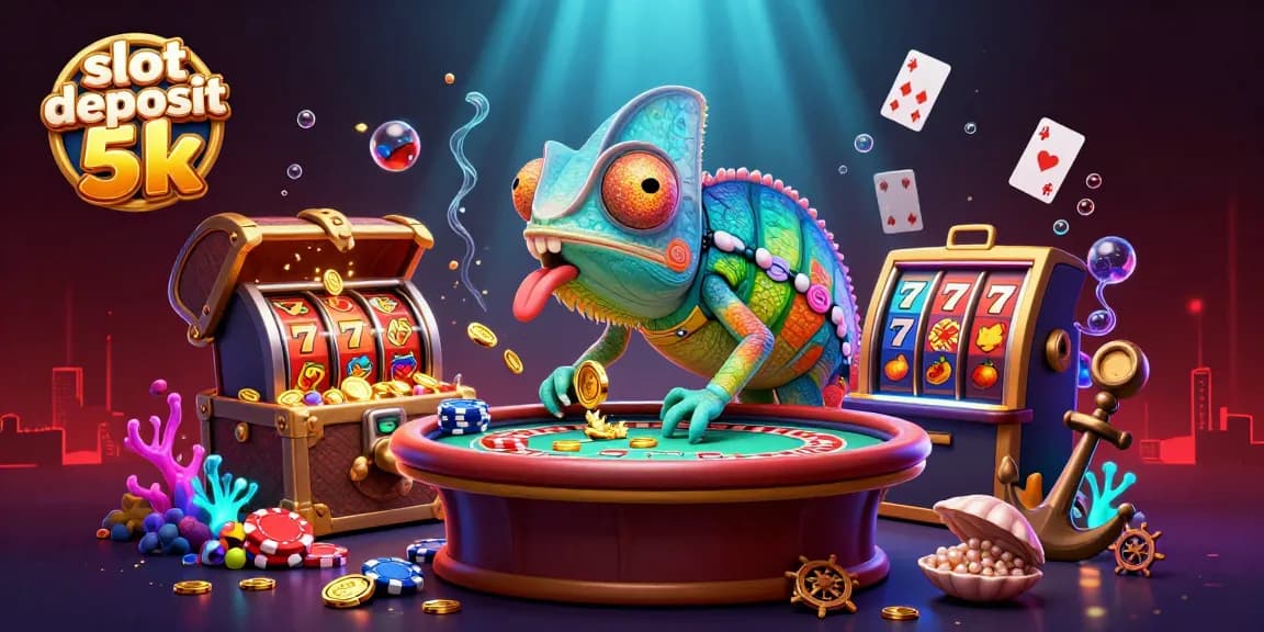 Experience thrilling action with slot deposit 5k, as a chameleon casino owner captures golden coins amidst exciting game elements.
