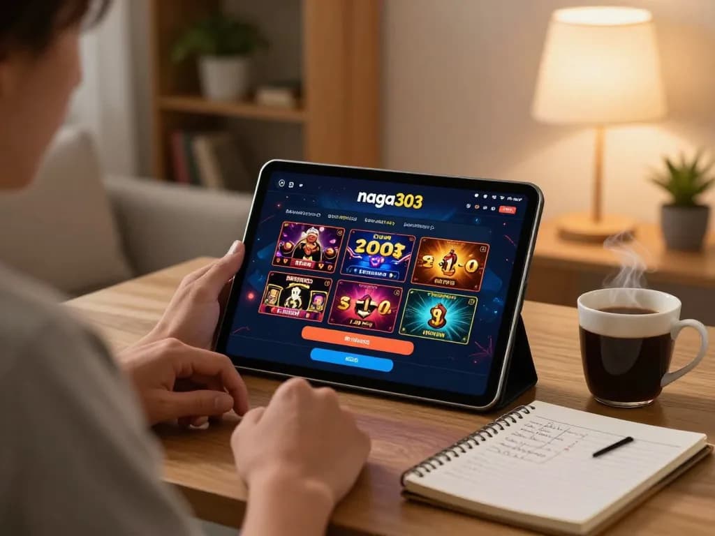 Naga303 login interface displayed on a tablet during a cozy online gaming session at home.