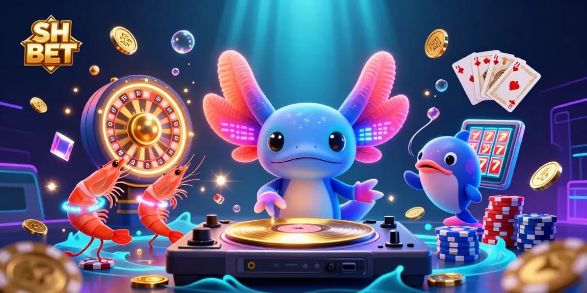 Engage with SH BET in a vibrant 3D illustration showcasing casino excitement with golden coins and colorful game elements.