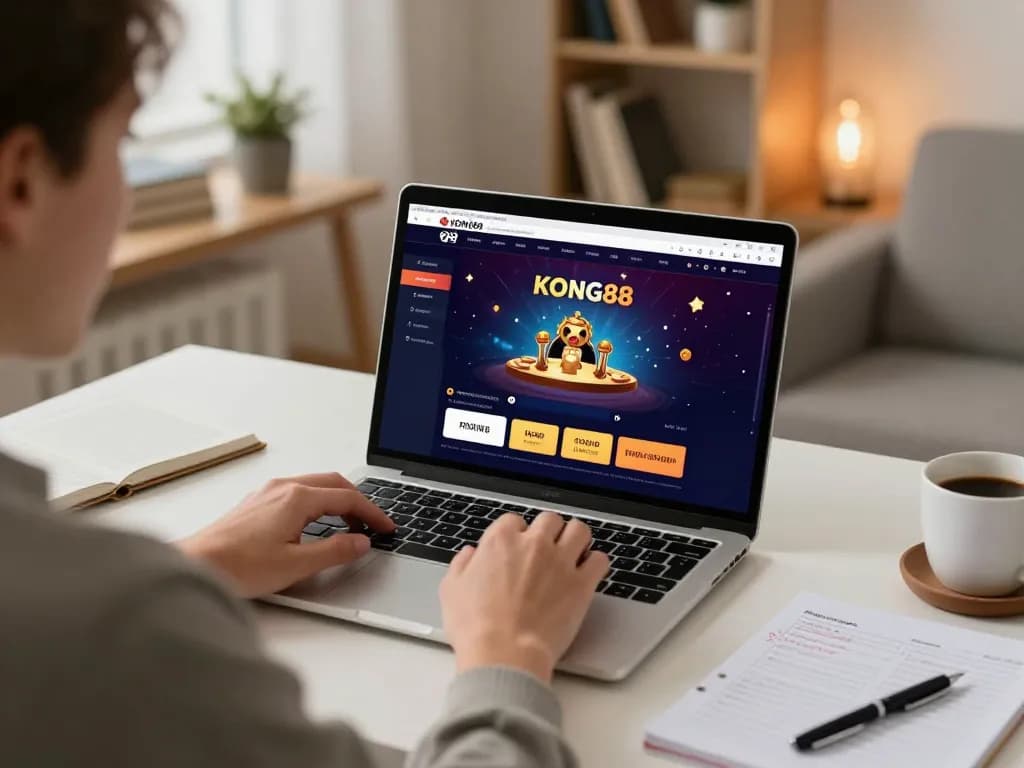 KONG88 player enjoying online betting experience at home with a laptop and strategy notes.