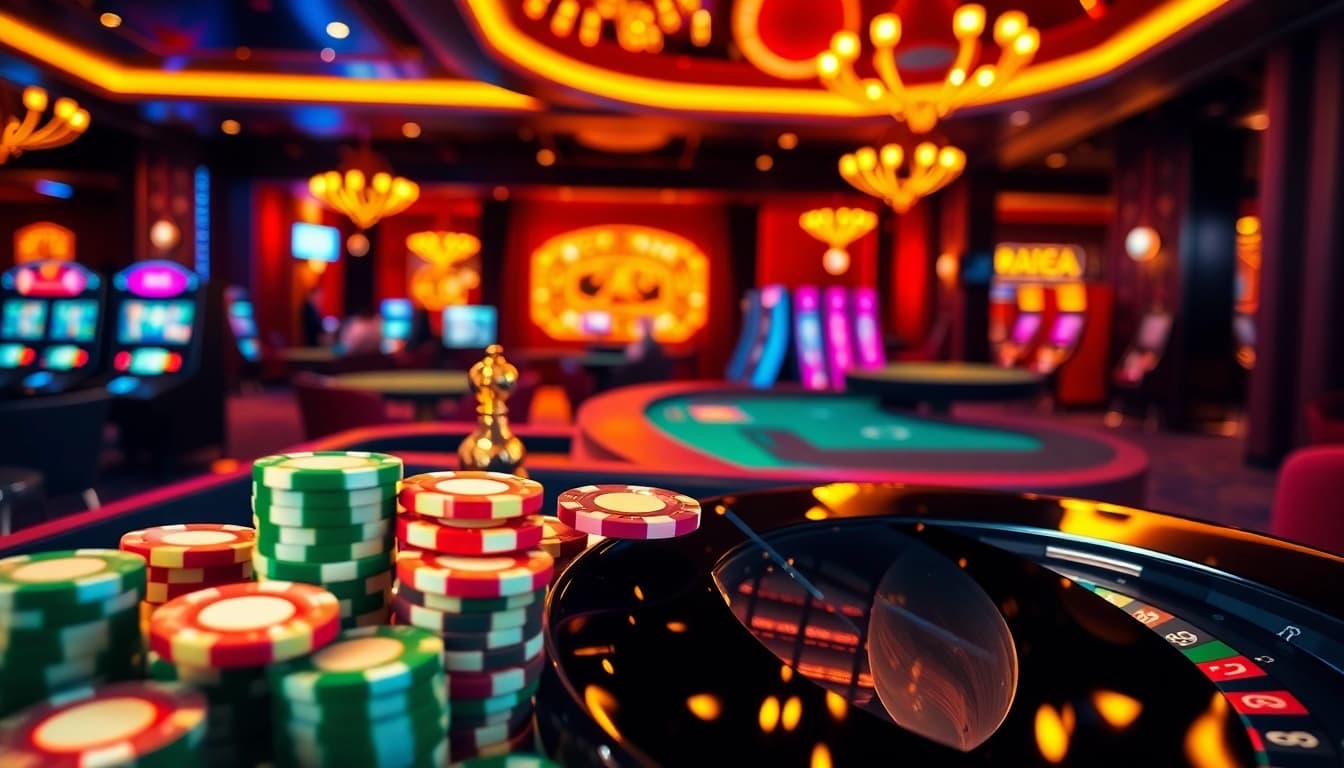 A captivating casino scene showcasing excitement at nhà cái rr88 with poker chips and roulette wheels.