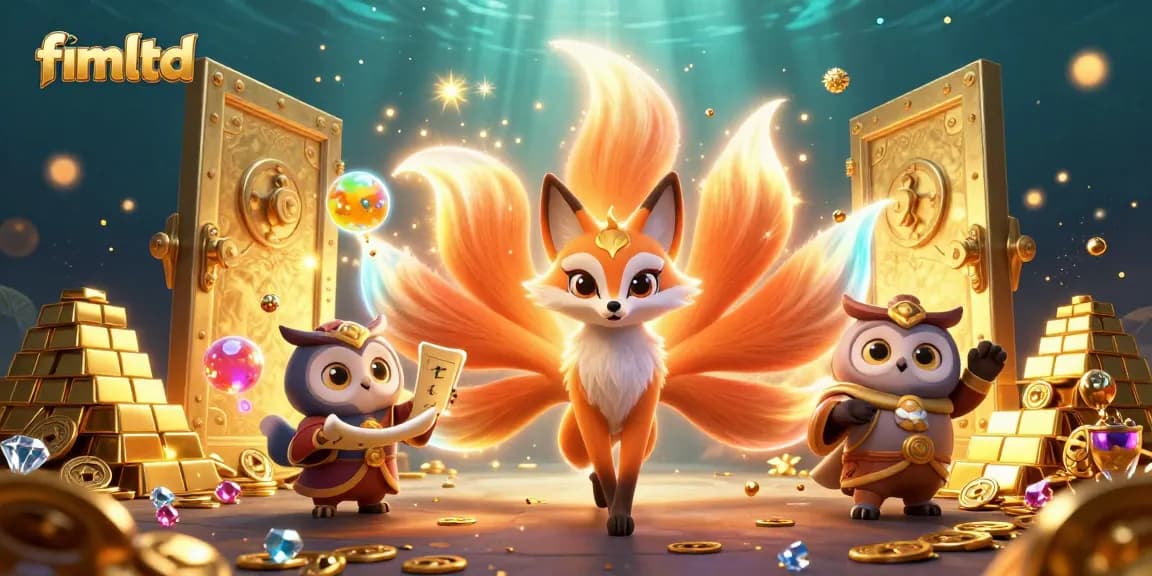 Play exciting games at fimltd's vibrant casino scene showcasing vibrant 3D characters and treasure.