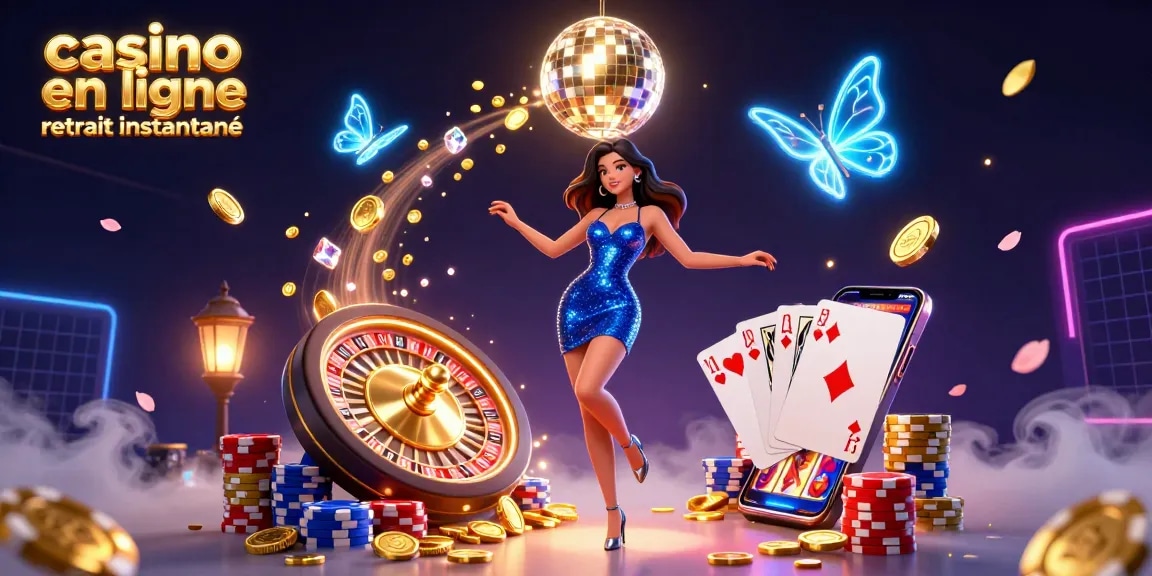 Des pièces d'or en cascade et des jetons de poker autour d'une femme glamour symbolisent l'excitation du casino en ligne retrait instantané.