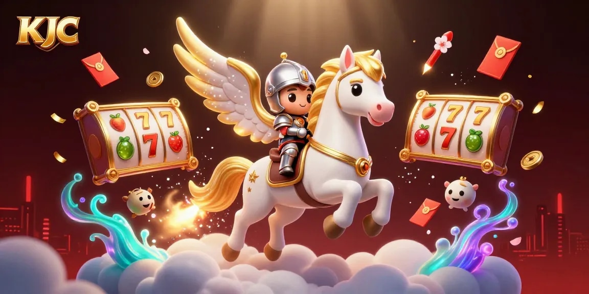 KJC offers exciting slots and jackpots with a 3D celestial horse illustration showcasing vibrant casino elements.