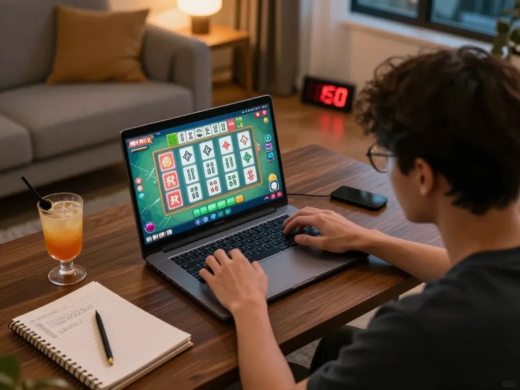 Slot mahjong gameplay in a cozy living room setup, showcasing focus and strategy.