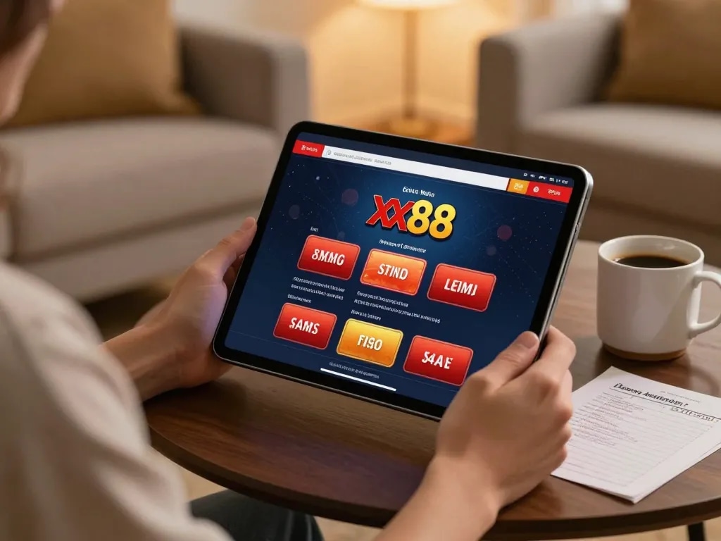 Engaging with xx88 online casino interface in a cozy home setting, depicting strategic gameplay.