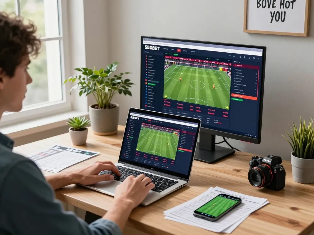 Live SBOBET betting analysis in a modern home office with sports memorabilia and vibrant displays.