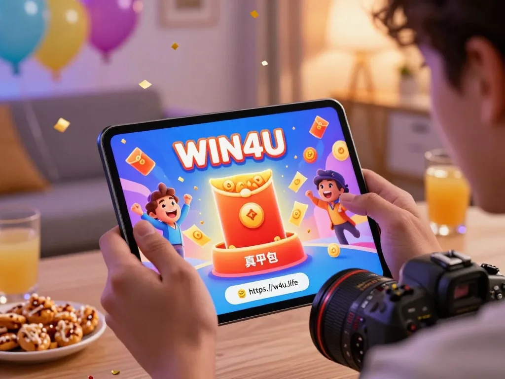Player celebrating bonuses on the WIN4U app at home on https://w4u.life/, showcasing excitement and Ang Pao rewards.