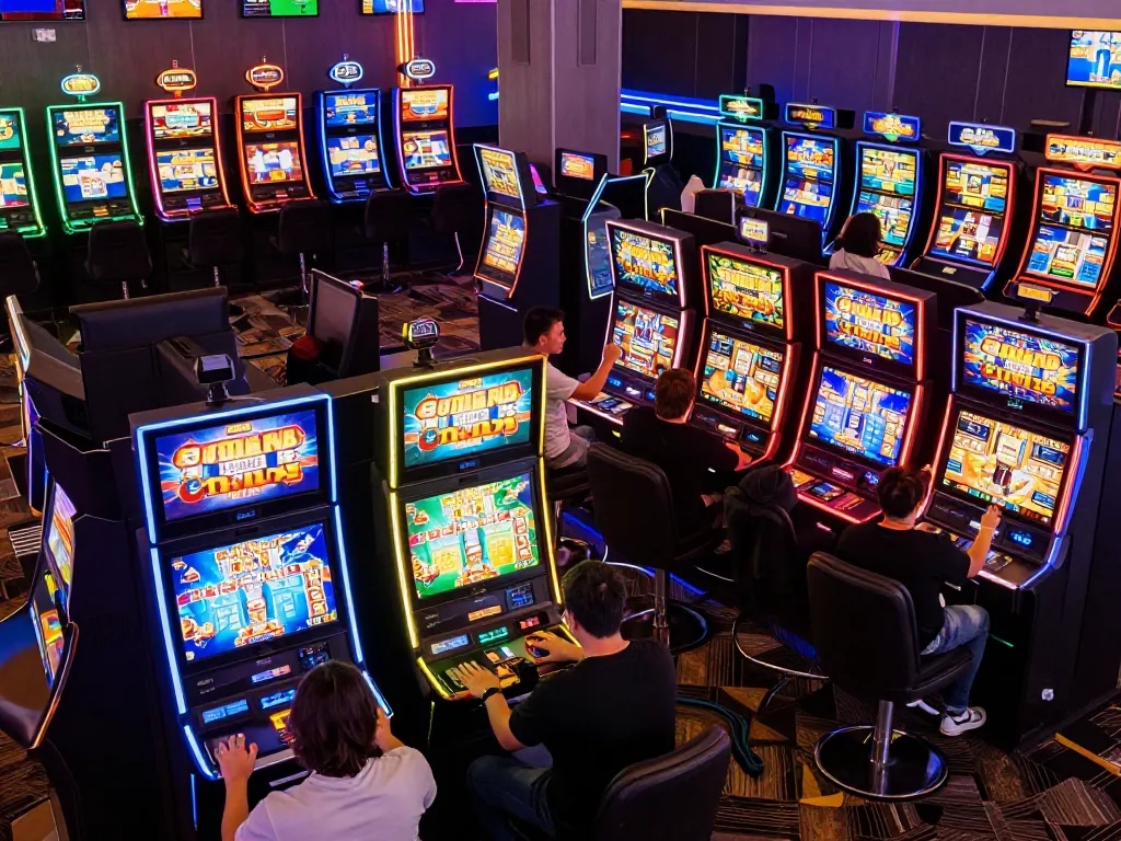 Players celebrating wins at slot depo 5k gaming machines in a vibrant casino atmosphere.