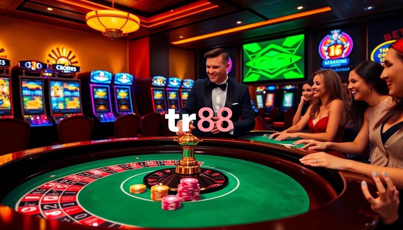 Experience the excitement of tr88 at a luxurious casino with vibrant roulette and slot machine action.