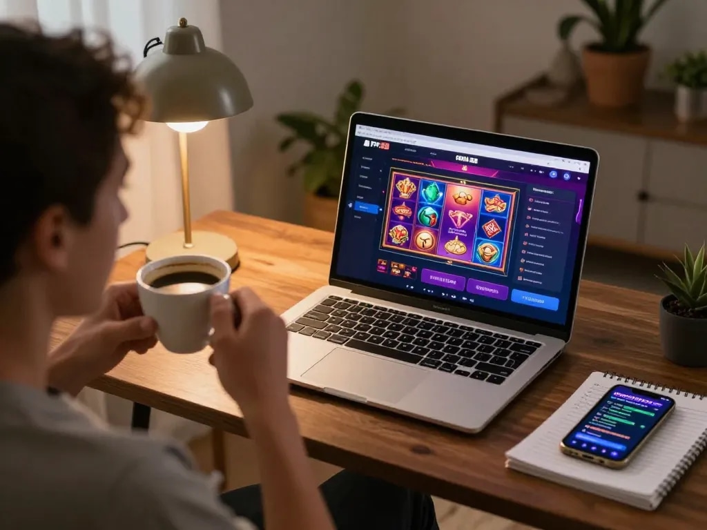 Engaging user utilizing the FAFA 828 online casino platform with a cozy gaming setup