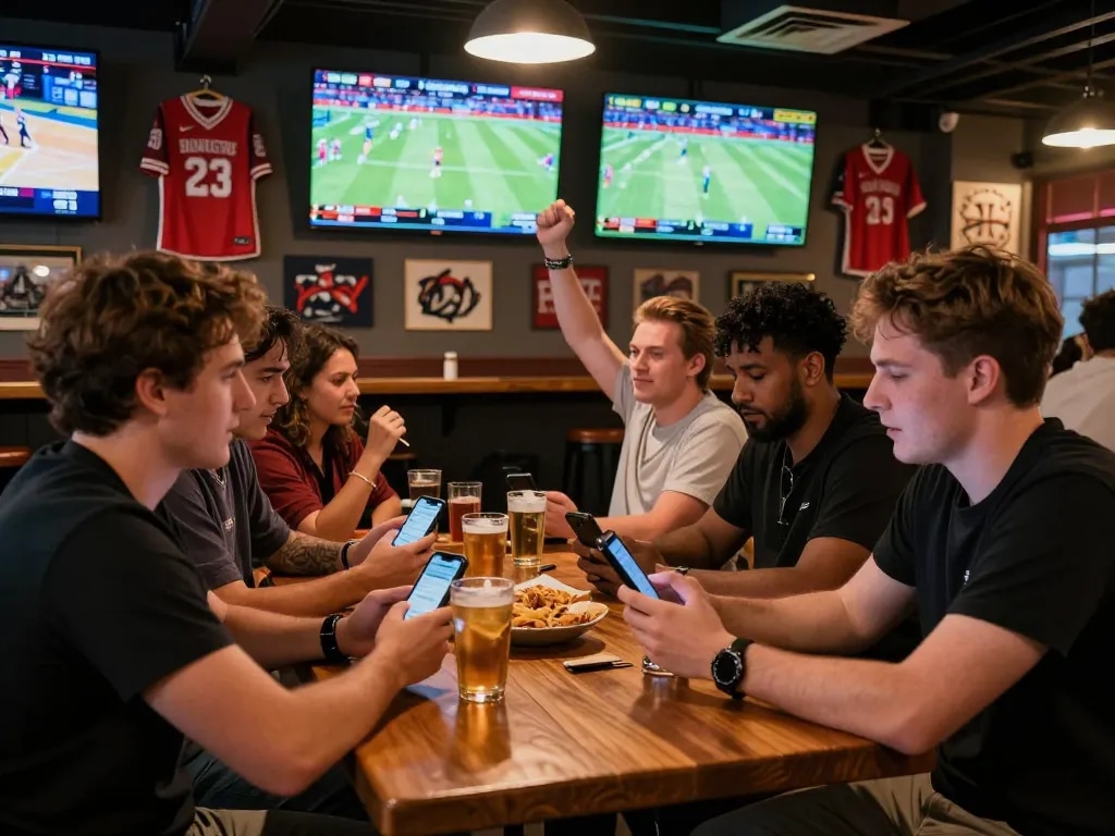 Patron analyzing tỷ lệ nhà cái odds on smartphone while enjoying drinks in a sports bar