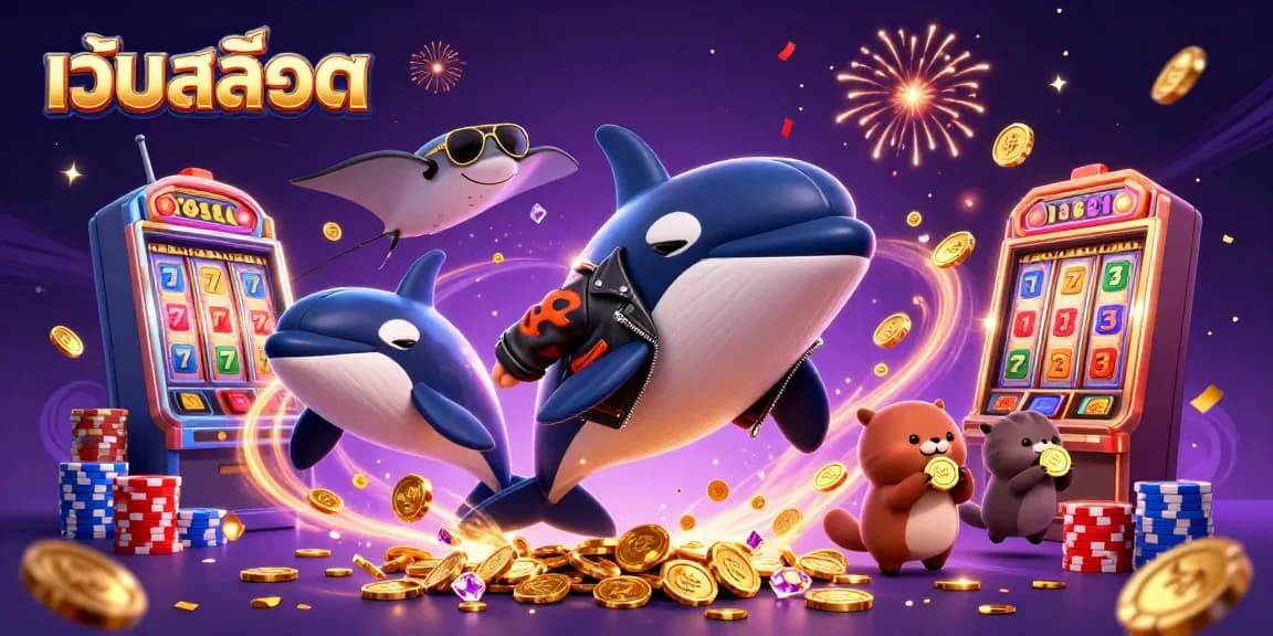 Win at เว็บสล็อต with a dynamic scene featuring characters and vibrant casino elements.