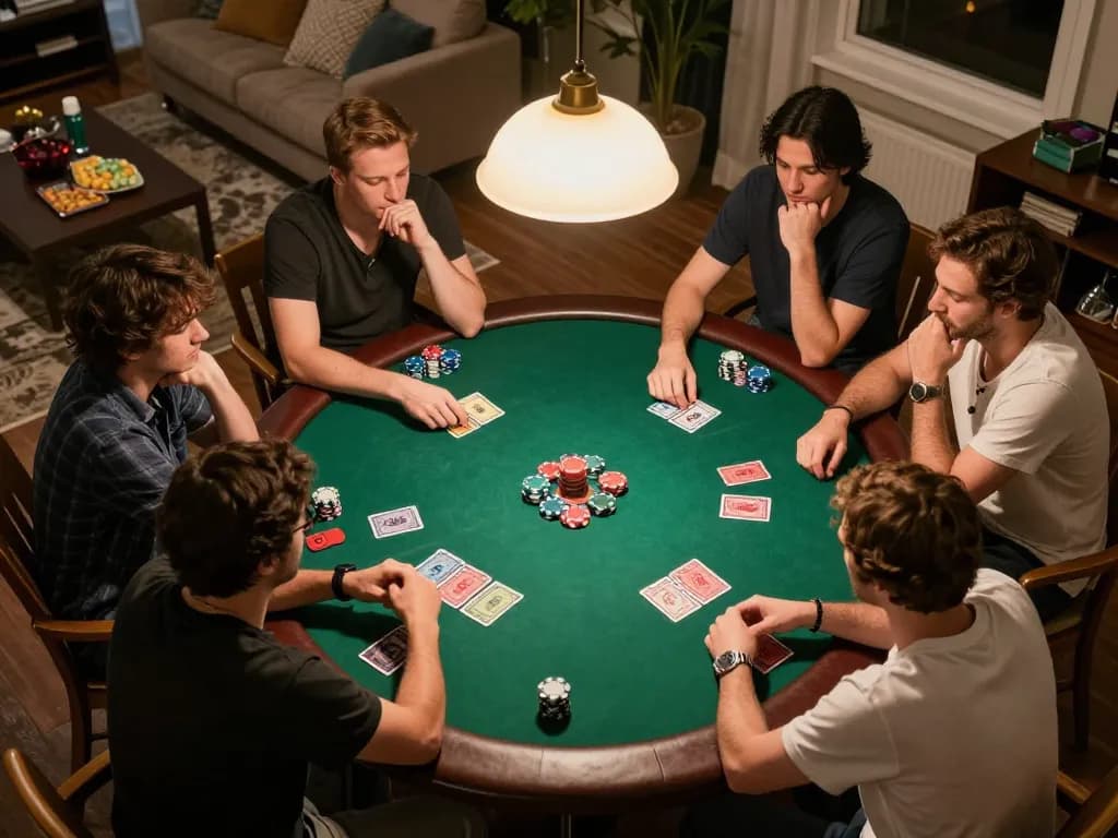 Players enjoying a home poker night, showcasing strategies at free no deposit casinos