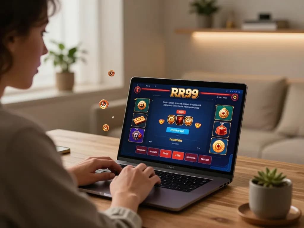 Player engaging with the RR99 online casino interface on a laptop in a cozy gaming setup.