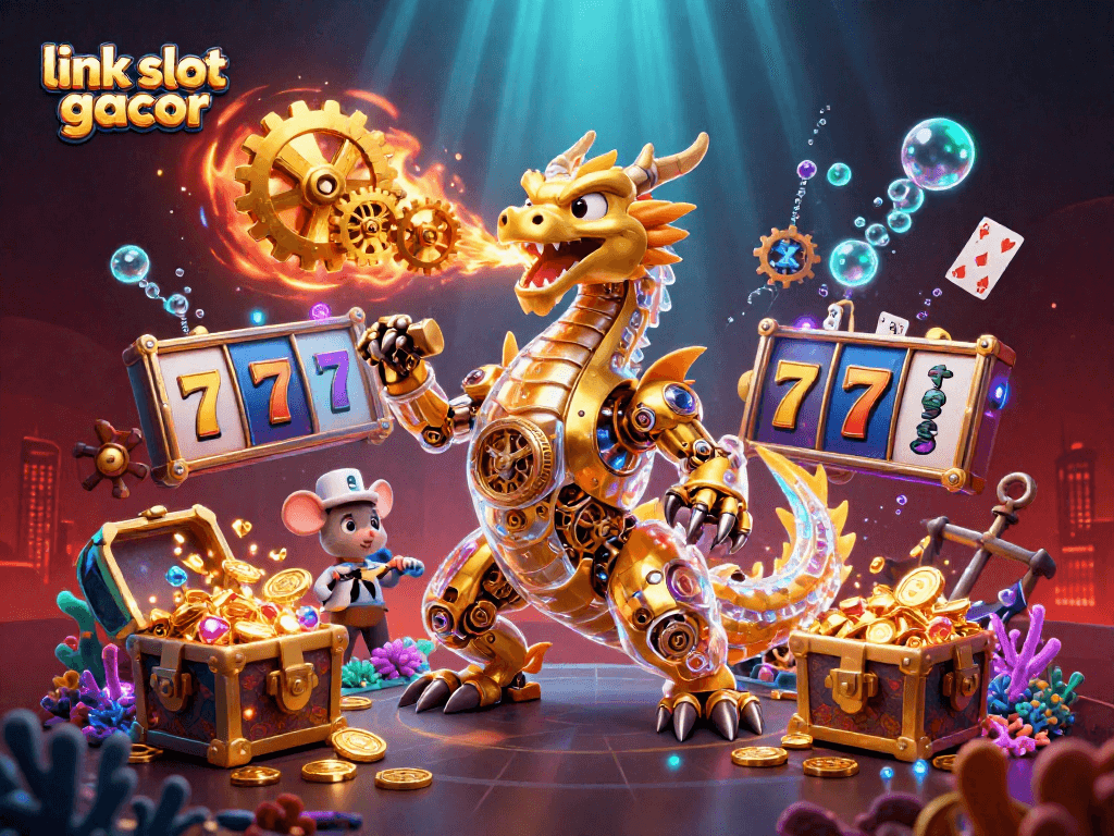 Experience thrill with link slot gacor in this vibrant 3D illustration showcasing dynamic slot elements