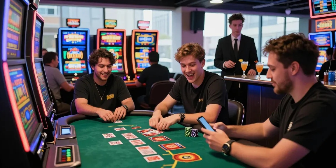 Exciting gaming experience at credit card casinos at https://being-there.org.uk, showcasing players engaged in various casino games under neon lights.