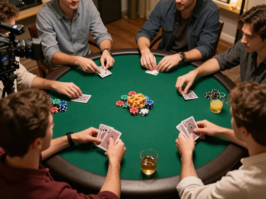 Friends enjoying a poker night, showcasing strategic gameplay and interaction at rr88bet.