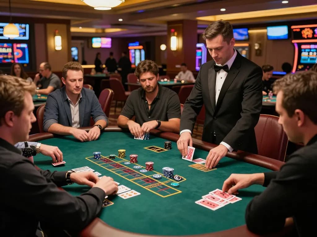 Players engaging at mm 88 blackjack table, with dealer shuffling cards and a vibrant casino atmosphere.