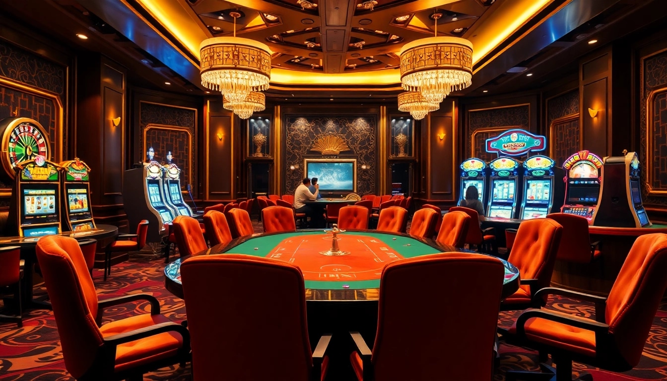 Experience the excitement of shbet là gì? at a luxurious casino with poker tables and slot machines.