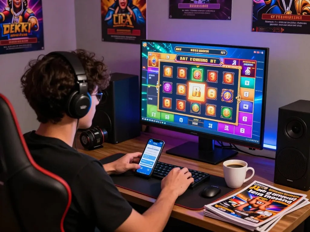 Pemain yang fokus pada layar permainan slot yang cerah menampilkan "slot gampang menang" dalam pengaturan permainan yang nyaman.