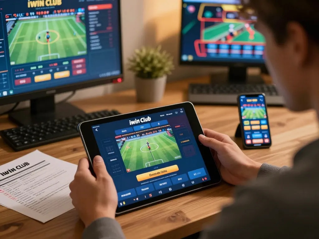 Engaging with iwin club app on a tablet, showcasing online sports betting strategy environment