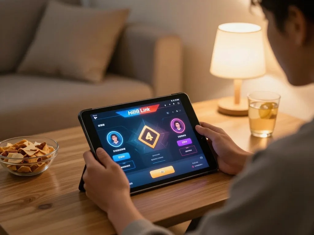 Engaged player accessing link hi88 on tablet for a thrilling online gaming experience.