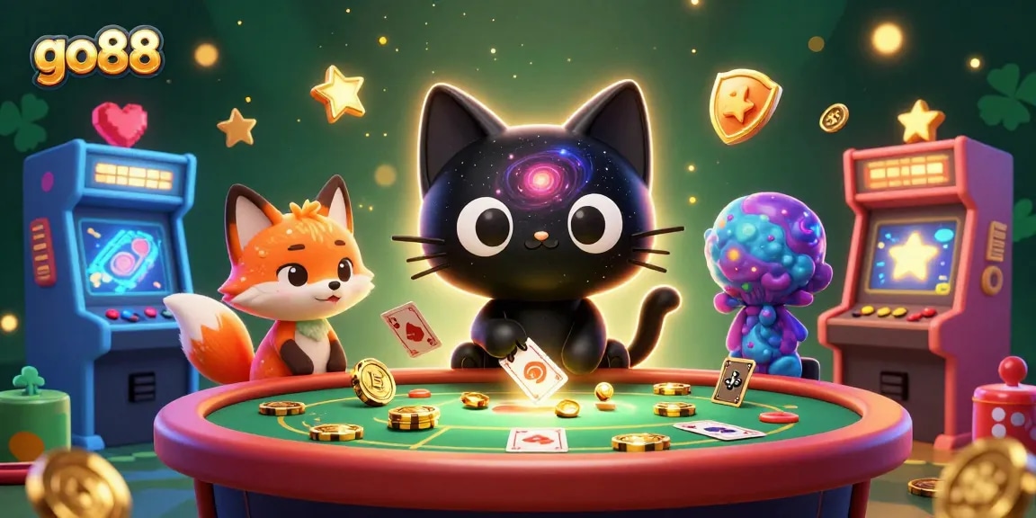 Engage with go88 as a cosmic cat draws in golden chips at a stellar casino table.