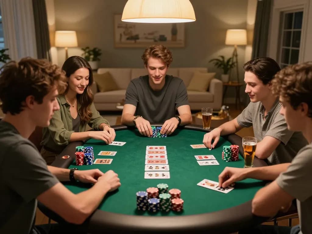 Sunwin poker players enjoying a home game night with chips and cards spread across the table.