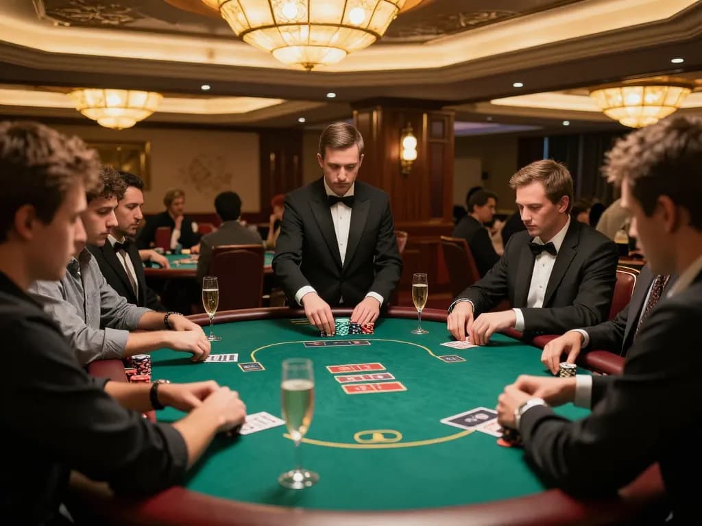 Engaged players at a high-stakes poker table in luxurious casino atmosphere, experiencing the thrill of Da88 gameplay.